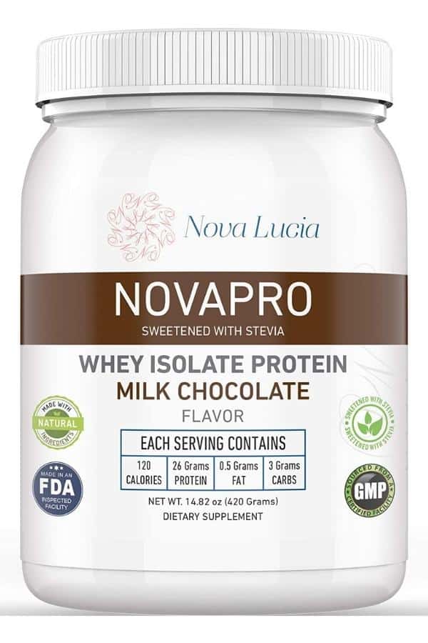 A tub of Nova Lucia Novapro milk chocolate protein powder.