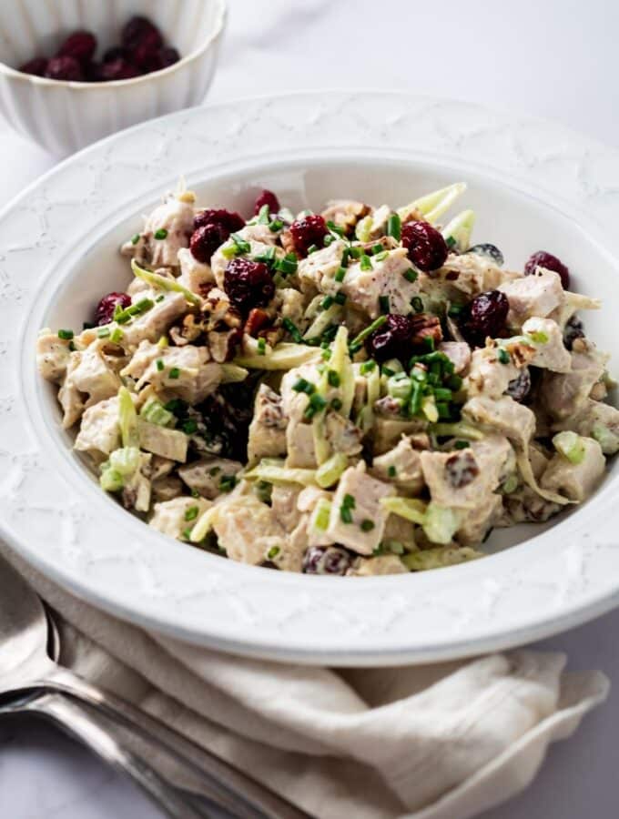 A white bowl that is filled with turkey salad.