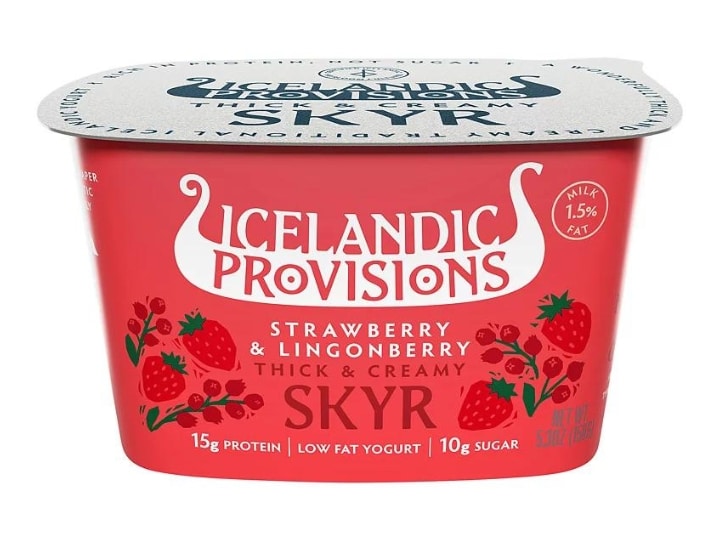 A container of Icelandic Provisions strawberry and lingoberry thick and creamy skyr.