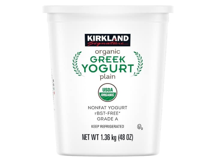 A tub of Kirkland organic Greek yogurt.