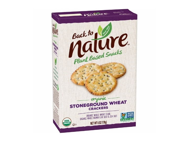 A box of back to nature stoneground wheat crackers.
