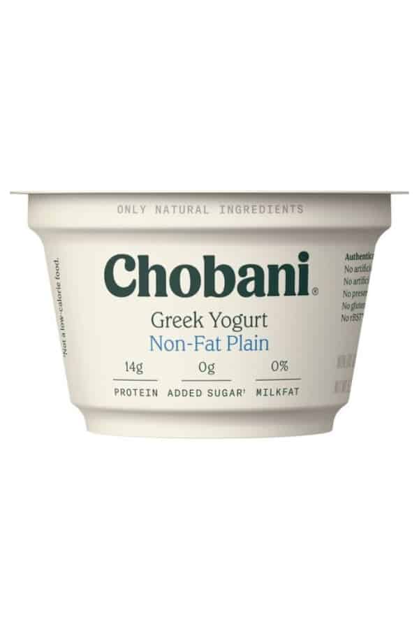 A conatiner of Chobani greek yogurt non fat plain.