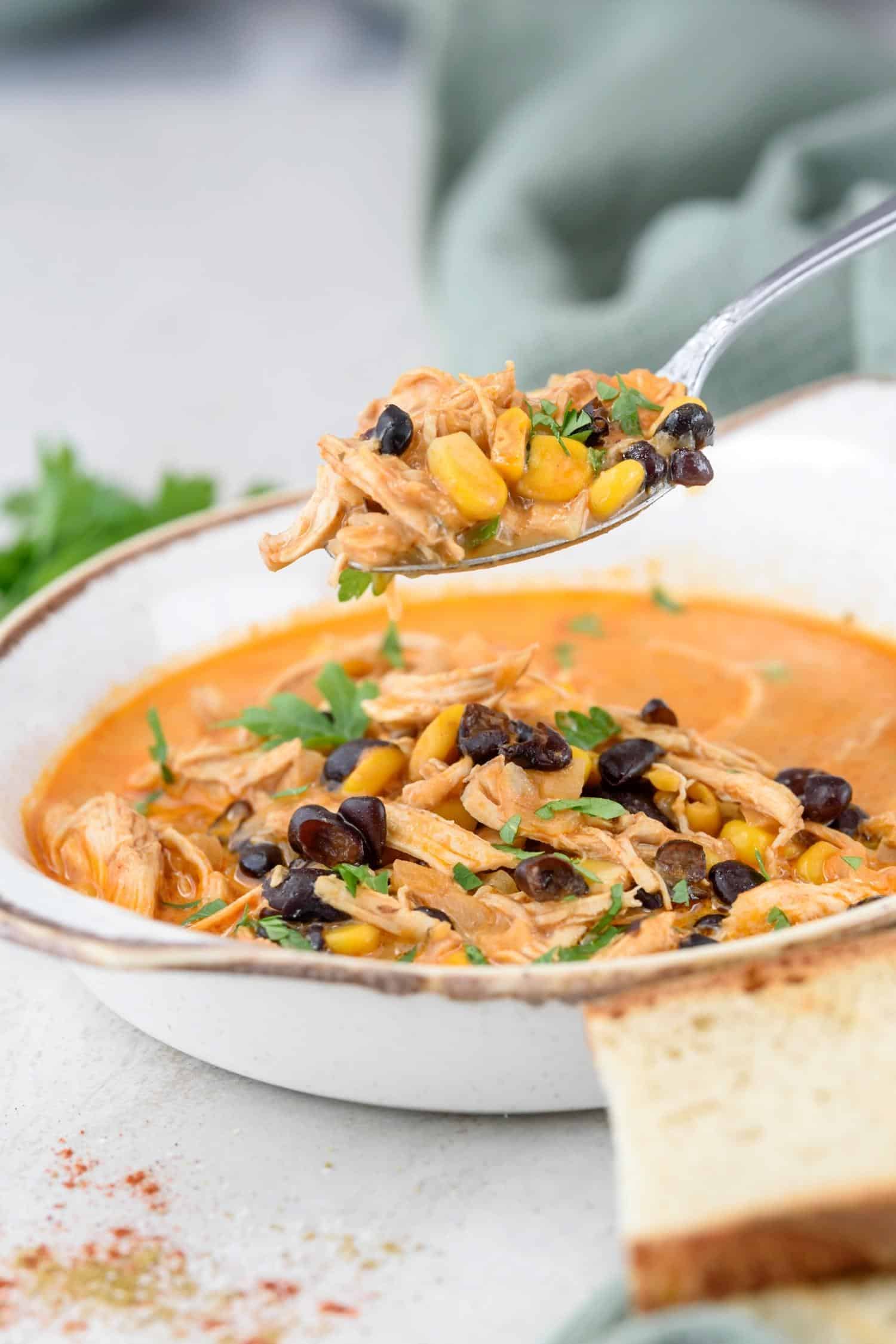 A spoonful of chicken enchilada soup over a full bowl.