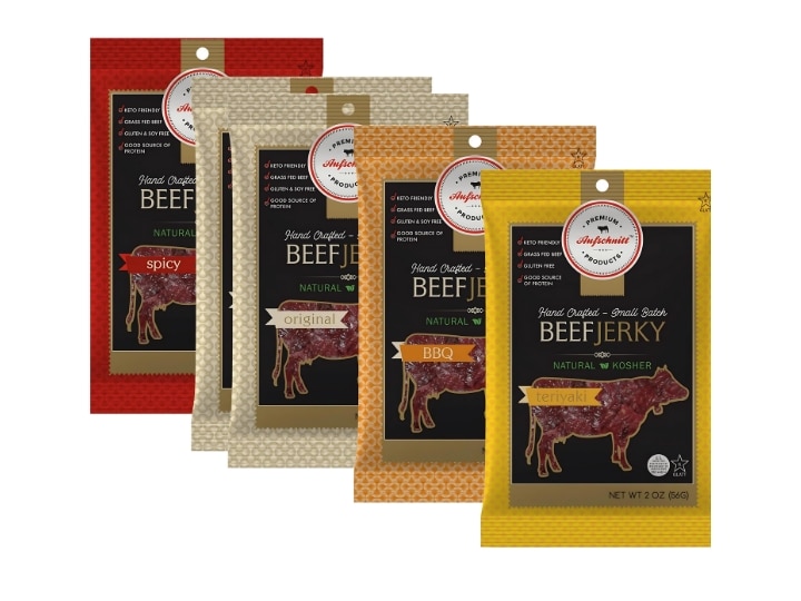 Multiple bags of Aufschnitts beef jerky.
