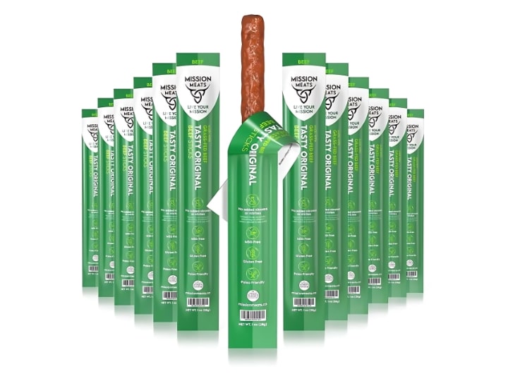 A bunch of Mission Meat Sticks lined up next to one another.