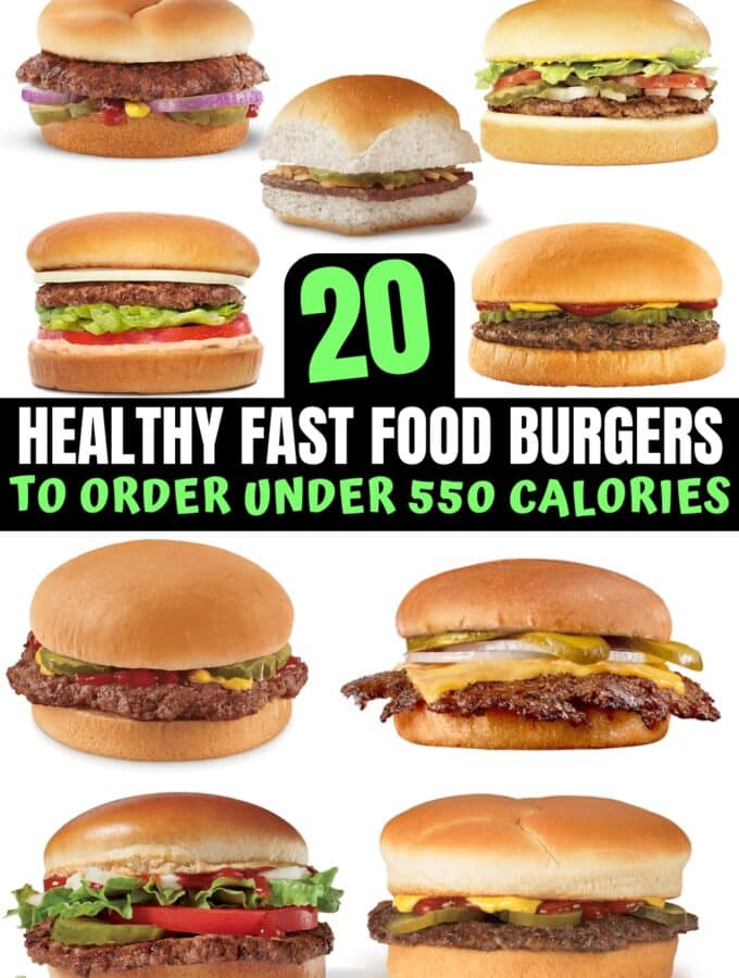 A bunch of fast food burgers.