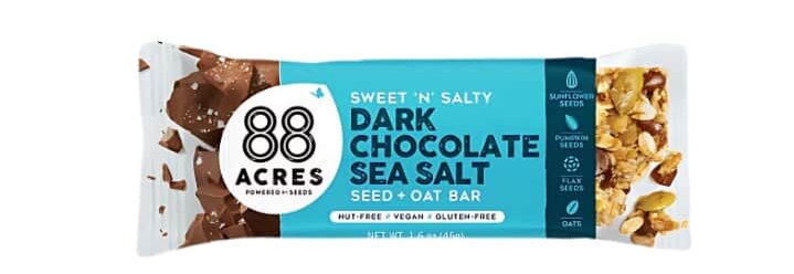 An individual 88 Acres dark chocolate sea salt granola bar on a white background.