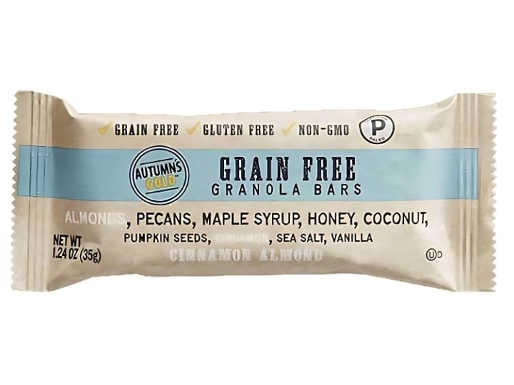 An individual Autumn's Gold cinnamon almond granola bar on a white background.