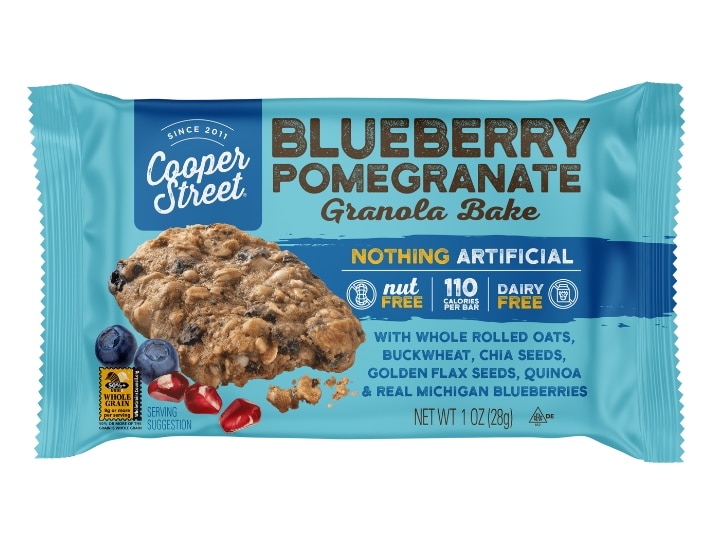 An individual Cooper Street Blueberry Pomegranate granola bar on a white background