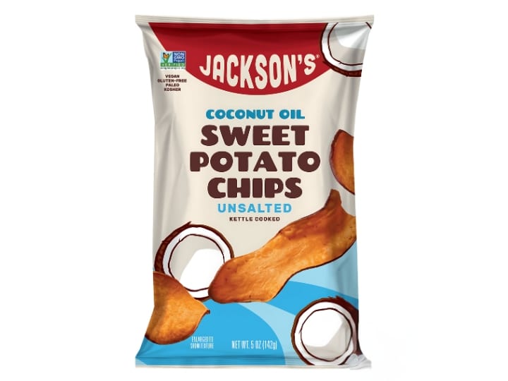 An image of a bag of Jackson's Unsalted Sweet Potato Chips on a white background.