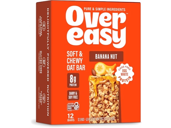 A box of Over Easy Banana nut granola bars on a white background