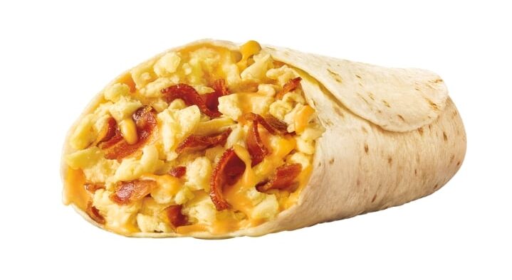 A Sonic bacon breakfast burrito on a white background.