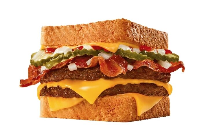 A Sonic cheesy bacon supersonic stack on a white background.