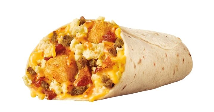 A Sonic ultimate meat and cheese breakfast burrito on a white background.
