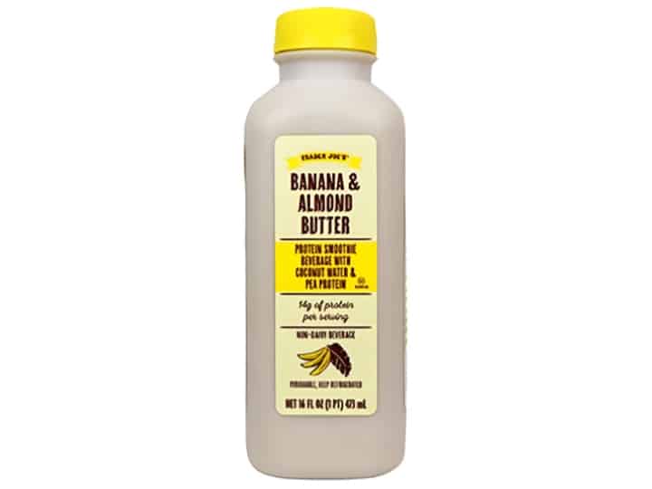 An image of a Trader Joe's banana almond butter protein smoothie on a white background