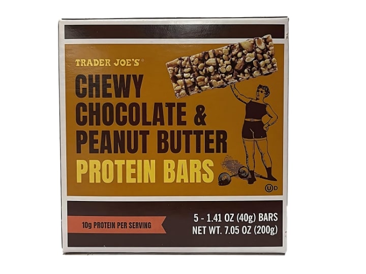 An image of a Trader Joe's chewy chocolate peanut butter protein bars on a white background