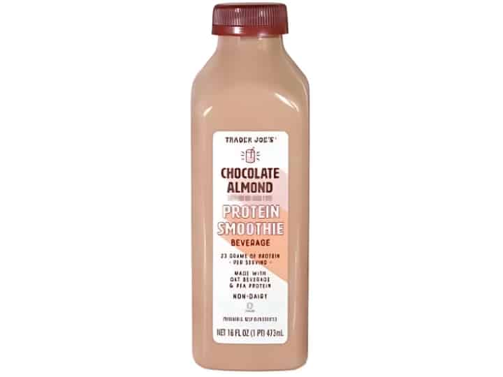 An image of a Trader Joe's chocolate almond protein smoothie on a white background