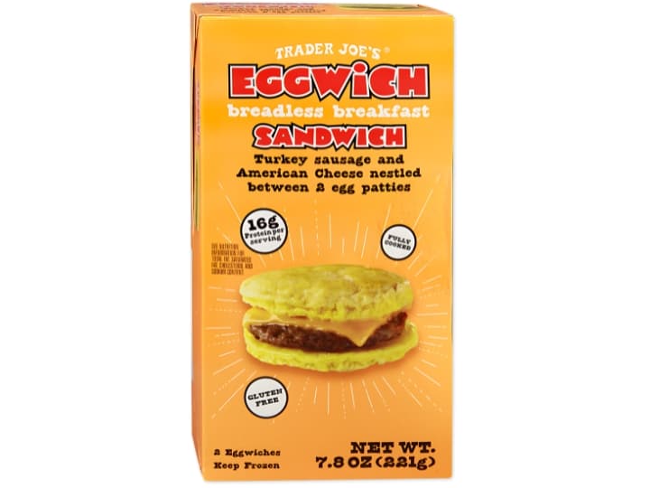 An image of a Trader Joe's eggwich breadless breakfast sandwich on a white background