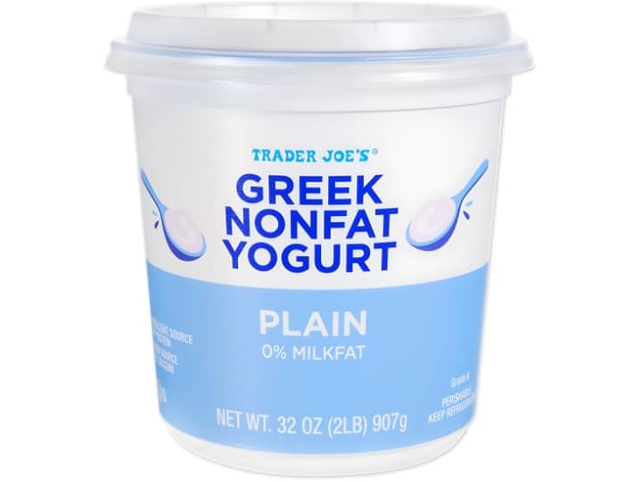 An image of a Trader Joe's greek nonfat yogurt on a white background.