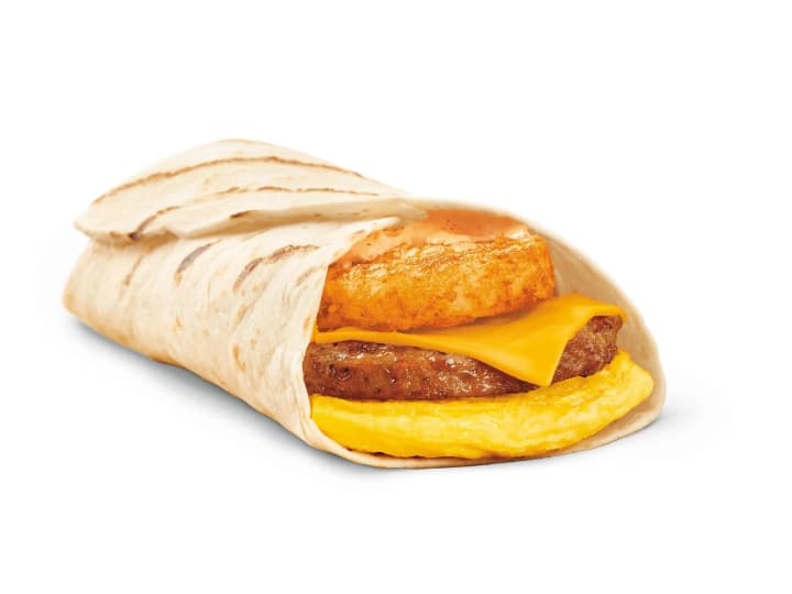 An image of a Tim Hortons farmer breakfast wrap on a white background.