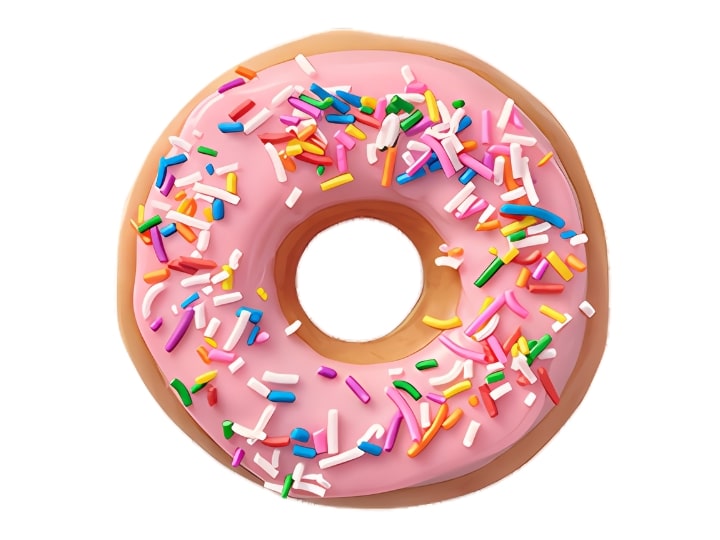 An image of a mini strawberry iced doughnut with sprinkles from Krispy Kreme on a white background.
