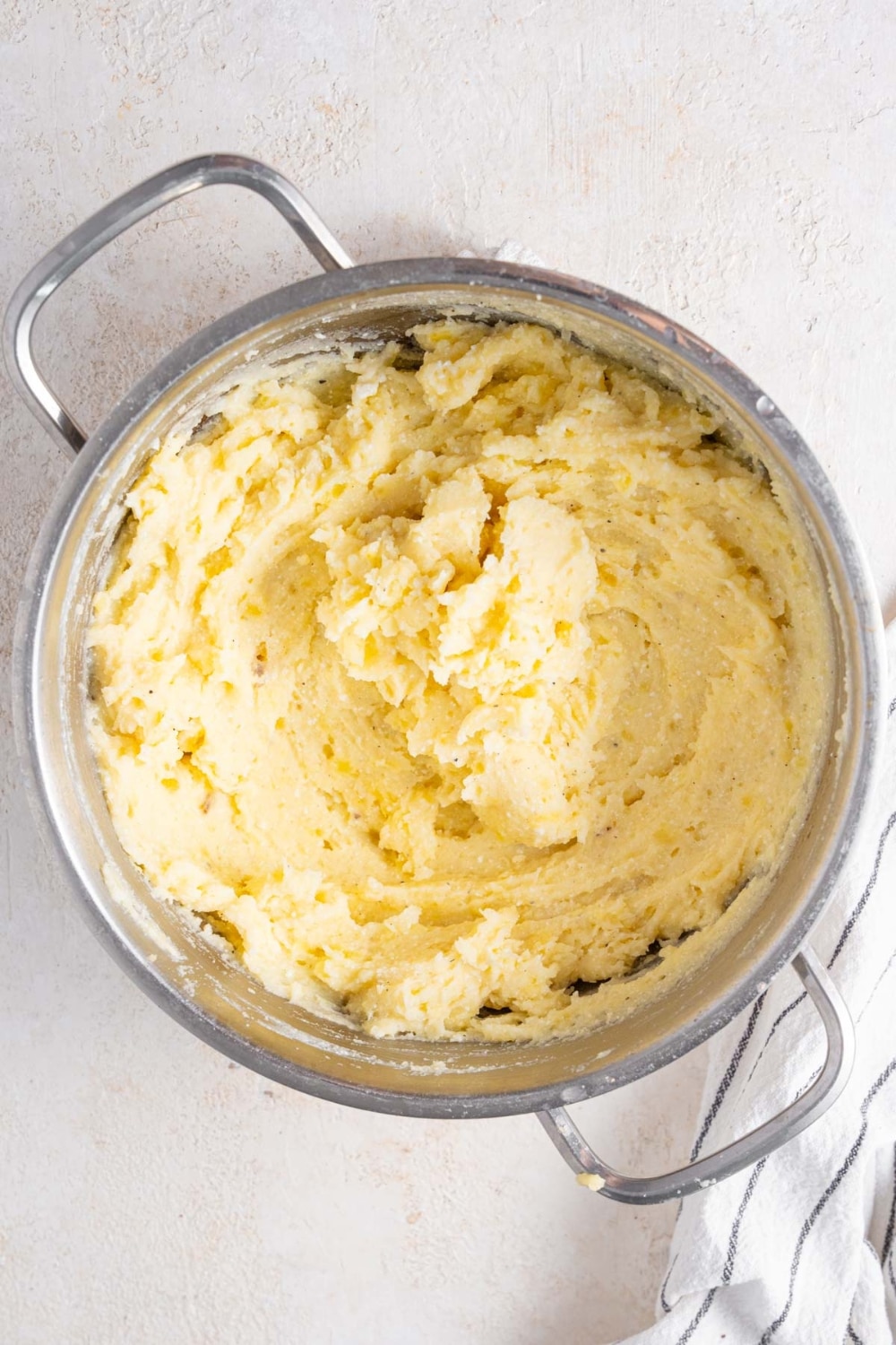 Freshly made cottage cheese mashed potatoes in a pot.