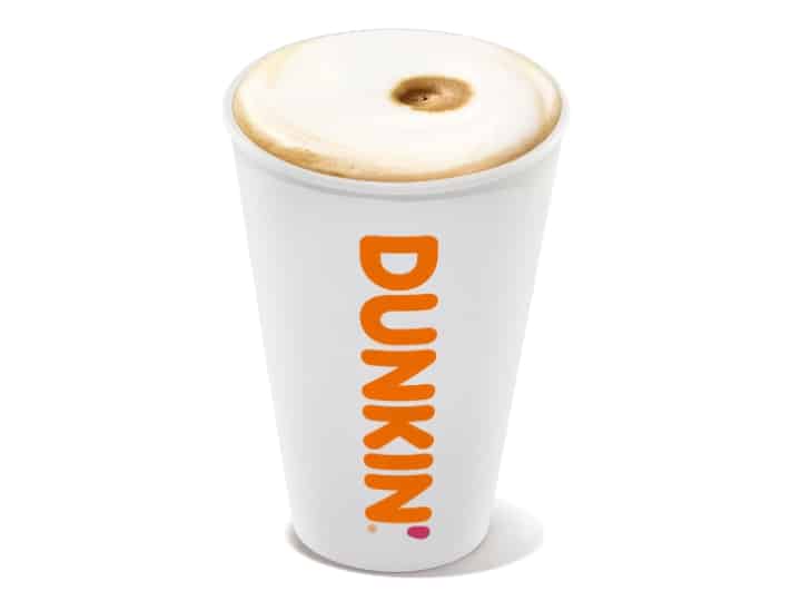 A cup of a Dunkin Donuts macchiato.